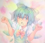  1girl acrylic_paint_(medium) blue_eyes blue_hair bow bust cirno dress graphite_(medium) hair_bow highres ice ice_wings open_mouth short_hair solo touhou traditional_media watercolor_(medium) wings yuyu_(00365676) 