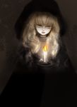  1girl blonde_hair candle cloak highres himemurasaki hood lips long_hair original pale_skin solo yellow_eyes 