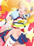  1girl alternate_form blonde_hair blue_skirt boots cure_honey earrings happinesscharge_precure! heart heart_earrings jewelry knee_boots oomori_yuuko open_mouth popcorn_cheer precure puffy_sleeves ribbon skirt solo tj-type1 wink yellow_eyes 