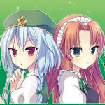  2girls braid bust cosplay costume_switch green_background hat hong_meiling hong_meiling_(cosplay) izayoi_sakuya izayoi_sakuya_(cosplay) long_hair looking_at_viewer maid_headdress multiple_girls open_mouth puffy_sleeves red_eyes redhead silver_hair smile star starry_background swami touhou twin_braids 