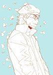  1boy assa blue_background butterfly cigarette facial_hair hat kondraki male monochrome parted_lips popped_collar scp-408 scp_foundation simple_background smoking solo 