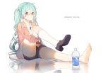  aqua_hair barefoot blush bottle earrings feet hatsune_miku highres jewelry leg_lift legs panties pointing reflection ryuutsuki_basetsu simple_background single_shoe skirt socks solo thighs underwear vocaloid 