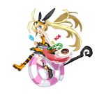  1girl ahoge blonde_hair blue_eyes blush candy candy_cane doughnut harada_takehito lollipop long_hair makaijin_trillion mismatched_legwear official_art oversized_object perpell ponytail shoes sitting smile solo swirl_lollipop tongue white_background wrist_cuffs 