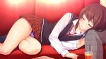  1boy 1girl blush brown_hair couch cup drink hatsukoi_1/1 koizumi_amane long_sleeves lying on_lap on_side panties plaid plaid_skirt purple_panties resting school_uniform skirt smile tokizaki_maya underwear vest 