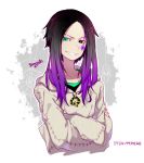  black_hair character_name crossed_arms gradient_hair green_eyes grin kiri_futoshi long_hair multicolored_hair oogie_boogie parted_lips purple_hair smile solo spider spider_web tagme the_nightmare_before_christmas two-tone_hair 