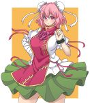 1girl bandages blush breasts bun_cover chinese_clothes cuffs double_bun flower hand_on_hip ibaraki_kasen large_breasts pink_eyes pink_hair rose short_hair skirt solo tabard touhou 