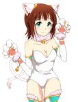 1girl amami_haruka animal_costume animal_ears bell bell_collar brown_hair cat_costume cat_ears cat_tail collar elbow_gloves gloves green_eyes idolmaster koiwai_ringo looking_at_viewer paw_gloves short_hair solo tail tail_bell thigh-highs 