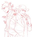  2boys alto_clef assa bags_under_eyes butterfly coat eating facial_hair glasses hat kondraki looking_at_viewer male multiple_boys necktie parted_lips scp-408 scp_foundation sketch smile 