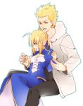  1boy 1girl blonde_hair coat earrings fate/stay_night fate_(series) gilgamesh green_eyes ha84no hair_ribbon height_difference jewelry open_mouth red_eyes ribbon saber short_hair smile 