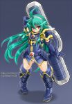  1girl armor blue_background boots character_name copyright_name gauntlets gradient gradient_background green_hair hairband huge_weapon karukan_(monjya) long_hair looking_at_viewer no_pants panties pigeon-toed polaris_(shinrabanshou) red_eyes shadow shinrabanshou smile solo sword thigh-highs thigh_boots underwear weapon white_panties 