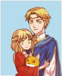  1boy 1girl blonde_hair blue_background brother_and_sister circlet fire_emblem fire_emblem:_rekka_no_ken fox hair_ornament half_updo hand_on_shoulder kinaco short_hair siblings simple_background smile yellow_eyes zephiel 