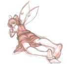  1girl barefoot blush bow daiyousei dress feet hair_bow highres kuro_suto_sukii looking_at_viewer looking_back lying monochrome on_stomach short_hair side_ponytail simple_background single_sock sketch socks soles solo toes touhou undressing white_background wings 