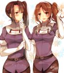  2girls alternate_hairstyle ashigara_(kantai_collection) black_hair brown_eyes brown_hair elbow_gloves gloves hairband kantai_collection long_hair multiple_girls nachi_(kantai_collection) open_mouth pantyhose personification side_ponytail signature toosaka_asagi 