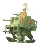  1girl blonde_hair blue_eyes breasts english forklift highres m3_lee mecha mechanization military military_vehicle nijiiro_ink overalls riding short_hair tank vehicle walker 