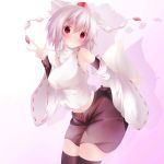  1girl absurdres animal_ears bare_shoulders black_legwear blush breasts detached_sleeves hat highres inubashiri_momiji looking_at_viewer midriff navel nicoby no_bra pom_pom_(clothes) red_eyes shirt short_hair silver_hair simple_background skirt smile solo tail thigh-highs tokin_hat touhou wolf_ears wolf_tail zettai_ryouiki 