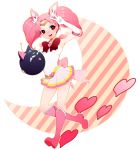  1girl absurdres big_hair bishoujo_senshi_sailor_moon boots bow chibi_usa choker circlet crescent_moon double_bun elbow_gloves full_body gloves hair_ornament hairclip heart highres knee_boots luna-p moon pink_boots pink_hair red_eyes running sailor_chibi_moon skirt smile solo striped super_sailor_chibi_moon takesouko twintails v white_gloves 