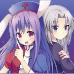  2girls animal_ears bust cosplay costume_switch hat jacket multiple_girls nurse_cap open_mouth pink_eyes puffy_sleeves purple_background purple_hair rabbit_ears reisen_udongein_inaba reisen_udongein_inaba_(cosplay) short_sleeves silver_hair smile star starry_background swami touhou violet_eyes yagokoro_eirin yagokoro_eirin_(cosplay) 