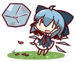 1girl ahoge arms_up blue_hair bow cirno frozen grass hair_bow ice ice_wings nuu_(nu-nyu) open_mouth petals short_hair touhou wings |_| 