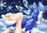  1girl :p barefoot blue_eyes blue_hair bow cirno feet hair_bow ice looking_back lying on_stomach short_hair smile snowflakes soles solo toes tongue touhou wings 