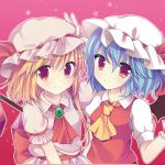  2girls ascot bat_wings blonde_hair blue_hair blush cosplay costume_switch flandre_scarlet flandre_scarlet_(cosplay) hat long_hair looking_at_viewer multiple_girls red_background red_eyes remilia_scarlet remilia_scarlet_(cosplay) short_hair siblings side_ponytail sisters smile star starry_background swami touhou wings 