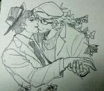  2boys alto_clef assa butterfly couple eye_contact facial_hair glasses hat holding_hands kiss kondraki labcoat looking_at_another male monochrome multiple_boys necktie scp-408 scp_foundation sketch yaoi 