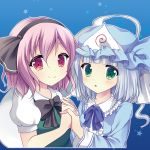  2girls :o blue_background blush bow cosplay costume_switch green_eyes hairband hat holding_hands konpaku_youmu konpaku_youmu_(cosplay) konpaku_youmu_(ghost) multiple_girls pink_hair red_eyes saigyouji_yuyuko saigyouji_yuyuko_(cosplay) short_hair smile star starry_background swami touhou triangular_headpiece 