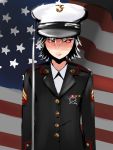  1girl alternate_costume alternate_hairstyle american_flag arms_at_sides badge frown glint izayoi_sakuya looking_at_viewer marine_corps medal military military_hat military_uniform piitan2_mokotan red_eyes short_hair silver_hair solo sword touhou uniform weapon 