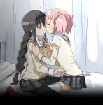  2girls akemi_homura bed black_hair blush braid closed_eyes eye_kiss glasses glasses_removed hair_ribbon hairband kaname_madoka kiss long_hair mahou_shoujo_madoka_magica multiple_girls pantyhose pink_hair ribbon school_uniform short_twintails thigh-highs twin_braids twintails violet_eyes yoplait yuri zettai_ryouiki 