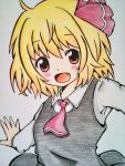  1girl :d ascot blonde_hair blouse colored_pencil_(medium) fang hair_ribbon highres meme-tan_(bana_nan26) open_mouth outstretched_arms red_eyes ribbon rumia short_hair smile spread_arms touhou traditional_media vest 
