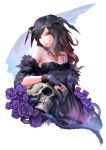  1girl bare_shoulders black_hair circlet flower gothic highres jewelry long_hair looking_at_viewer necklace original patipat_asavasena red_eyes skull smile solo 