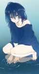  1girl bags_under_eyes bare_legs barefoot mattaku_mousuke messy_hair off_shoulder original parted_lips ripples shirt solo squatting wet 