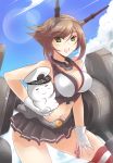  1girl bare_shoulders blue_sky breasts brown_hair cannon chain cleavage clouds gloves green_eyes haganef hairband headgear kantai_collection midriff mutsu_(kantai_collection) navel personification short_hair skirt sky thigh-highs turret white_gloves 