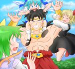  1boy 3girls black_eyes black_hair blonde_hair blue_eyes blue_hair blush bracelet broly carrying cirno clenched_teeth crossover daiyousei dragon_ball dragon_ball_z dress earrings green_hair hair_ribbon happy ice ice_wings jewelry long_hair long_sleeves multiple_girls muscle necklace open_mouth outstretched_arms puffy_sleeves red_eyes ribbon rumia short_hair short_puffy_sleeves shoulder_carry smile spiky_hair spread_arms sweatdrop touhou tree vest wings 