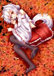  1girl absurdres animal_ears autumn_leaves bare_shoulders black_legwear blush breasts detached_sleeves fangs hair_ornament happy hat highres inubashiri_momiji large_breasts legs looking_at_viewer midriff oohirakeisuke open_mouth pom_pom_(clothes) red_eyes shirt short_hair silver_hair skirt smile solo tail tokin_hat touhou wolf_ears wolf_tail 