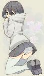 1girl ass blush breath hasesese hoodie looking_at_viewer looking_back original short_hair solo thigh-highs 