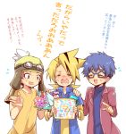 3boys blue_hair blush bouquet character_request closed_eyes crying flower future_card_buddyfight goggles goggles_on_head kodou_noboru male multiple_boys open_mouth tears tobi_(one) translation_request white_background 
