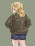  1girl back blonde_hair blue_eyes girls_und_panzer jacket kay_(girls_und_panzer) long_hair looking_over_shoulder military oniyan school_uniform short_shorts shorts smile solo thigh-highs zettai_ryouiki 