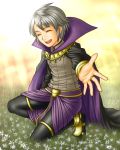  1boy bridal_gauntlets cape closed_eyes fire_emblem fire_emblem:_kakusei henry_(fire_emblem) kneeling male nintendo open_mouth sandals smile solo soyo2106 white_hair 