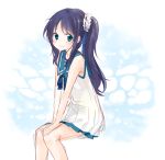  1girl blue_eyes blue_hair hiradaira_chisaki long_hair nagi_no_asukara sailor_dress school_uniform side_ponytail sitting yukinohana 