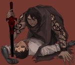  2boys arm_support assa black_hair blue_eyes clenched_teeth dark_skin facial_mark long_hair lying male multiple_boys on_back parted_lips planted_sword planted_weapon red_background robotic_arms scp-073 scp-076-2 scp_foundation sword tattoo weapon 