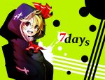  1girl alternate_costume arikanrobo ascot blonde_hair contemporary cross darkness english green_background hair_ribbon hand_in_pocket highres hood hoodie open_mouth red_eyes ribbon rumia short_hair solo touhou zipper 