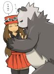  1girl brown_hair cringe goggles hat hug long_hair nintendo panda pokemon simple_background skirt tagme 