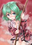  1girl ali-s_(pixiv) animal_ears bamboo_broom blush breasts broom cleavage dirty dress green_eyes green_hair kasodani_kyouko looking_at_viewer no_panties open_mouth short_hair solo tears torn_clothes touhou 