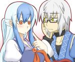  1boy 1girl ahoge alternate_hairstyle blush breasts commentary_request glasses grey_hair kamishirasawa_keine morichika_rinnosuke red_ red_eyes sag_(karehabase) short_hair touhou translation_request white_hair yellow_eyes 