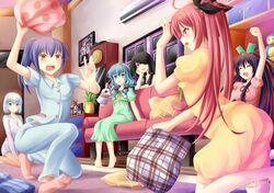  6+girls ahoge bear black_hair blue_eyes blue_hair clock date_a_live grandfather_clock hair_over_one_eye hand_puppet itsuka_kotori long_hair multiple_girls open_mouth pajamas pillow_fight puppet purple_hair red_eyes redhead takamiya_mana tobiichi_origami tokisaki_kurumi twintails villyane yatogami_tooka yoshino_(date_a_live) yoshinon 