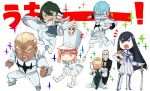  black_hair blonde_hair blue_eyes blue_hair boots chibi dress formal gamagoori_ira glasses green_hair grey_hair hat highres inumuta_houka iori_shirou jakuzure_nonon junketsu kill_la_kill kiryuuin_satsuki long_hair open_mouth pink_eyes pink_hair running sanageyama_uzu shako_cap short_hair soroi_mitsuzou spikes suit surgical_mask sword uniform weapon yomosaka 