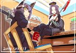  2girls eyepatch gloves headgear kantai_collection looking_at_viewer mechanical_halo multiple_girls personification purple_hair school_uniform short_hair tatsuta_(kantai_collection) tenryuu_(kantai_collection) thigh-highs torinitea violet_eyes yellow_eyes 