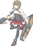  1girl bike_shorts book bow_(weapon) brown_eyes brown_hair crossbow flat_chest headband headgear kantai_collection personification pleated_skirt short_hair skirt solo taihou_(kantai_collection) thigh-highs toranohige_(pixiv) weapon 