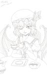  1girl ;d bat_wings cup fang haru_(bellfon) hat highres mob_cap monochrome open_mouth remilia_scarlet smile steam sweets teacup teapot touhou wings wink 