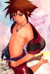  1boy barefoot belt blue_eyes bracelet brown_hair character_name english highres jewelry kingdom_hearts male necklace open_pants revision solo sora_(kingdom_hearts) sweat tongue tongue_out underwear 